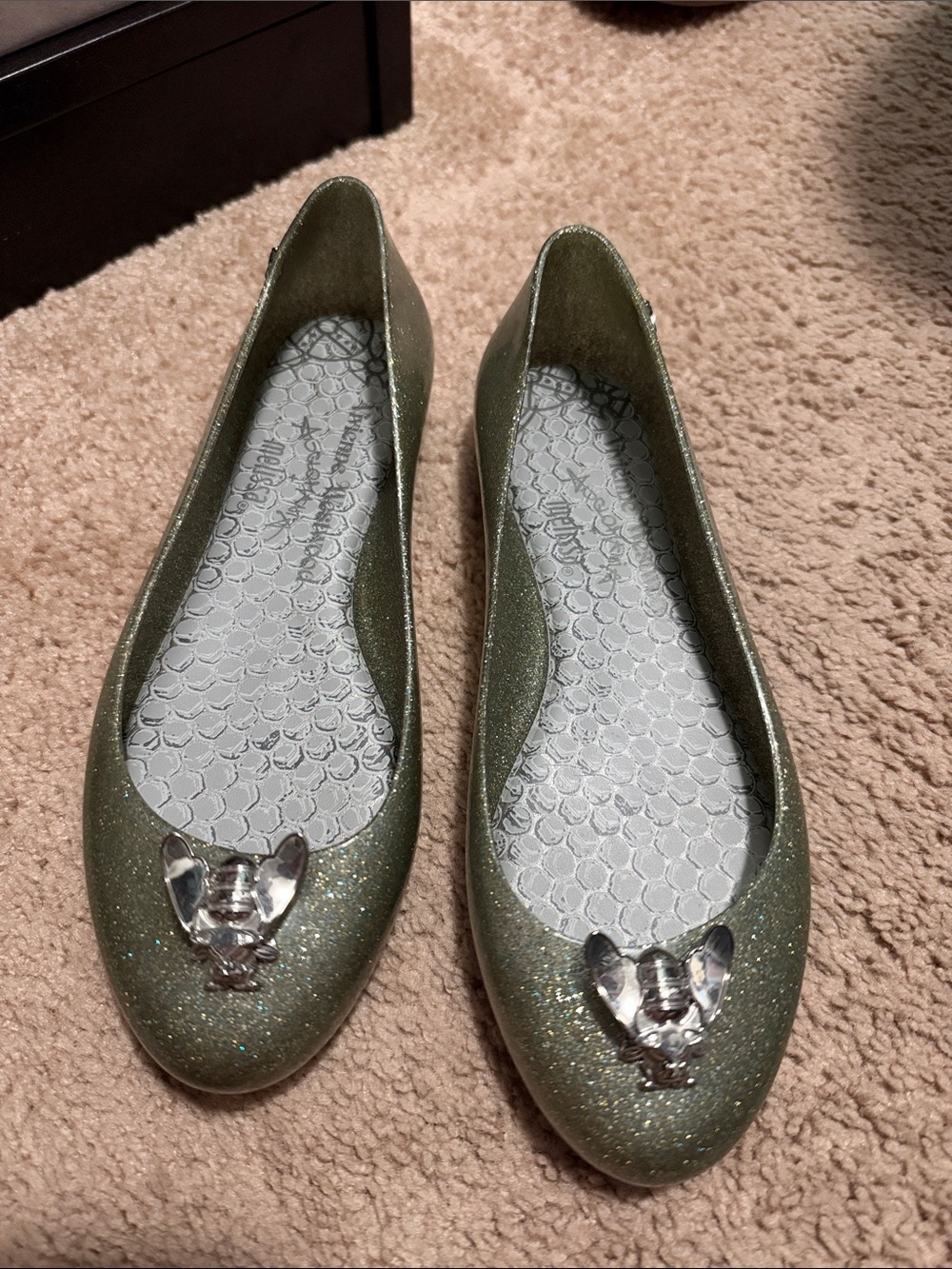 Vivienne Westwood Olive Green Glitter Ballet Flats with Silver Orb Accent